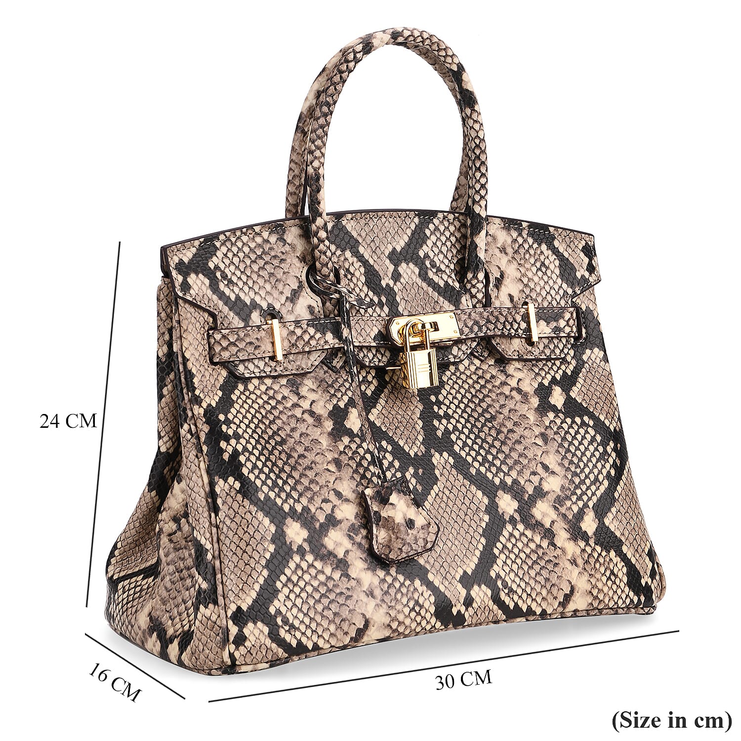 Genuine Leather Snakeskin Pattern Crossbody Bag with Top Handle - Beige & Black