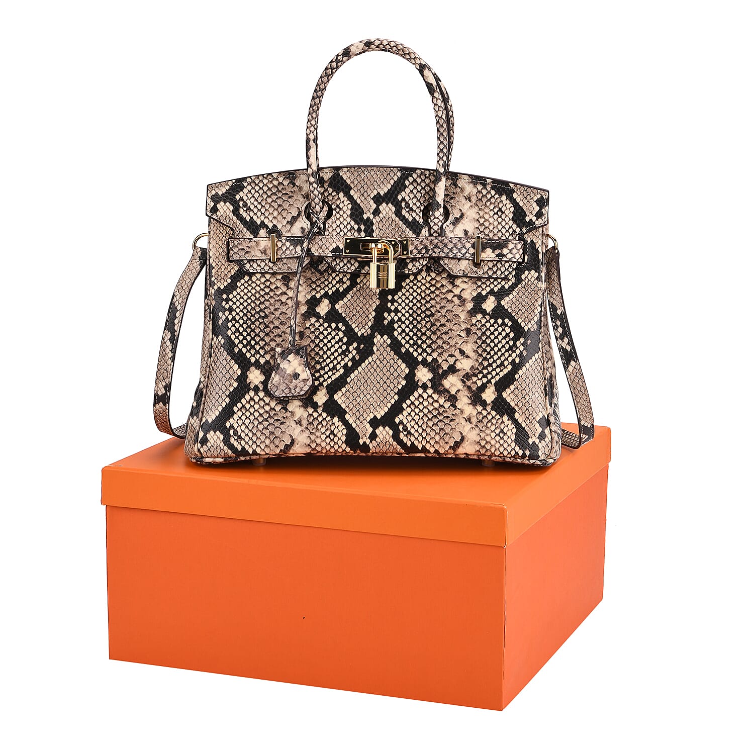 Genuine Leather Snakeskin Pattern Crossbody Bag with Top Handle - Beige & Black