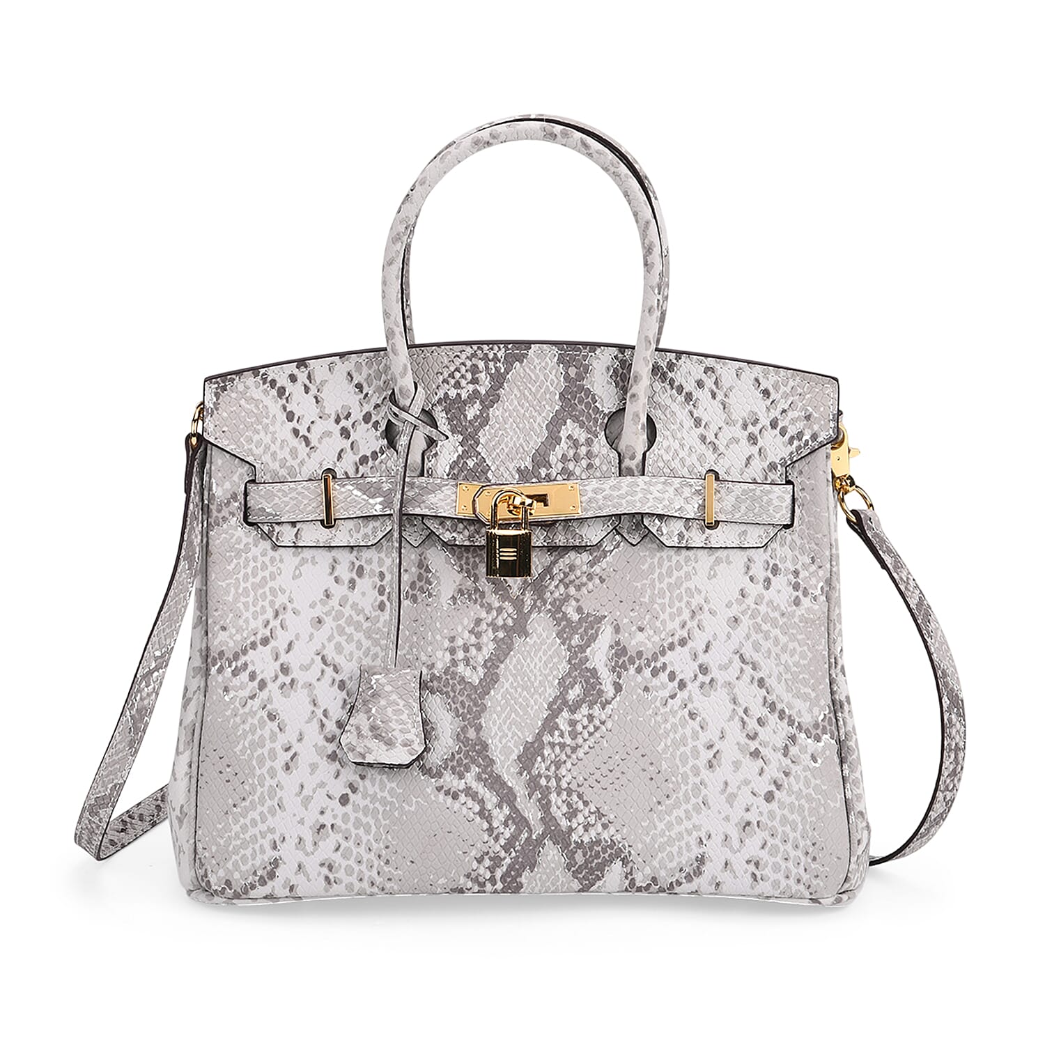 Genuine Leather Snakeskin Pattern Crossbody Bag with Top Handle - Grey & White