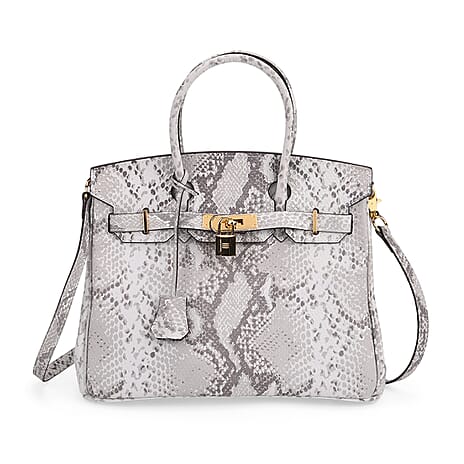 Genuine Leather Snakeskin Pattern Crossbody Bag with Top Handle - Grey & White