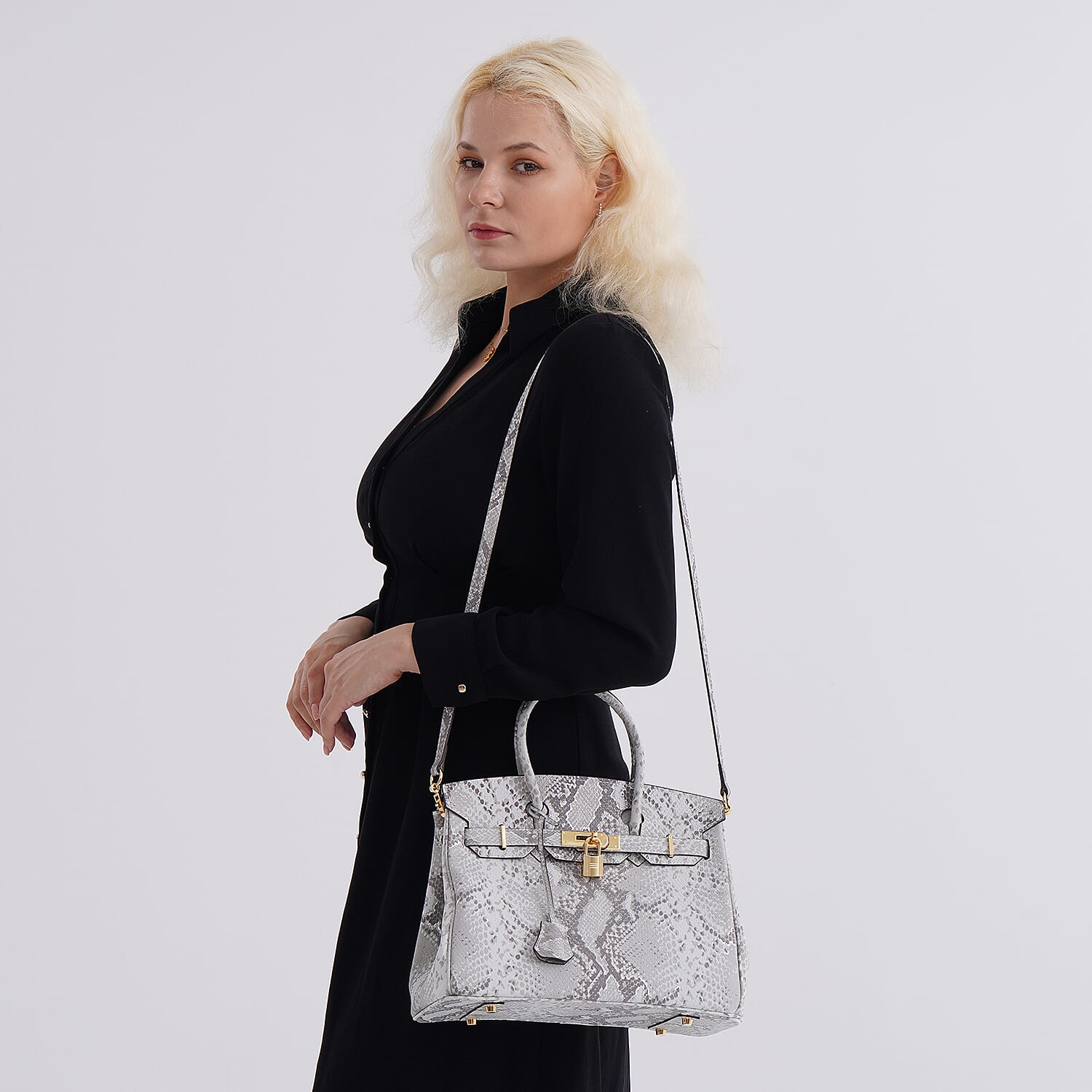 Genuine Leather Snakeskin Pattern Crossbody Bag with Top Handle - Grey & White