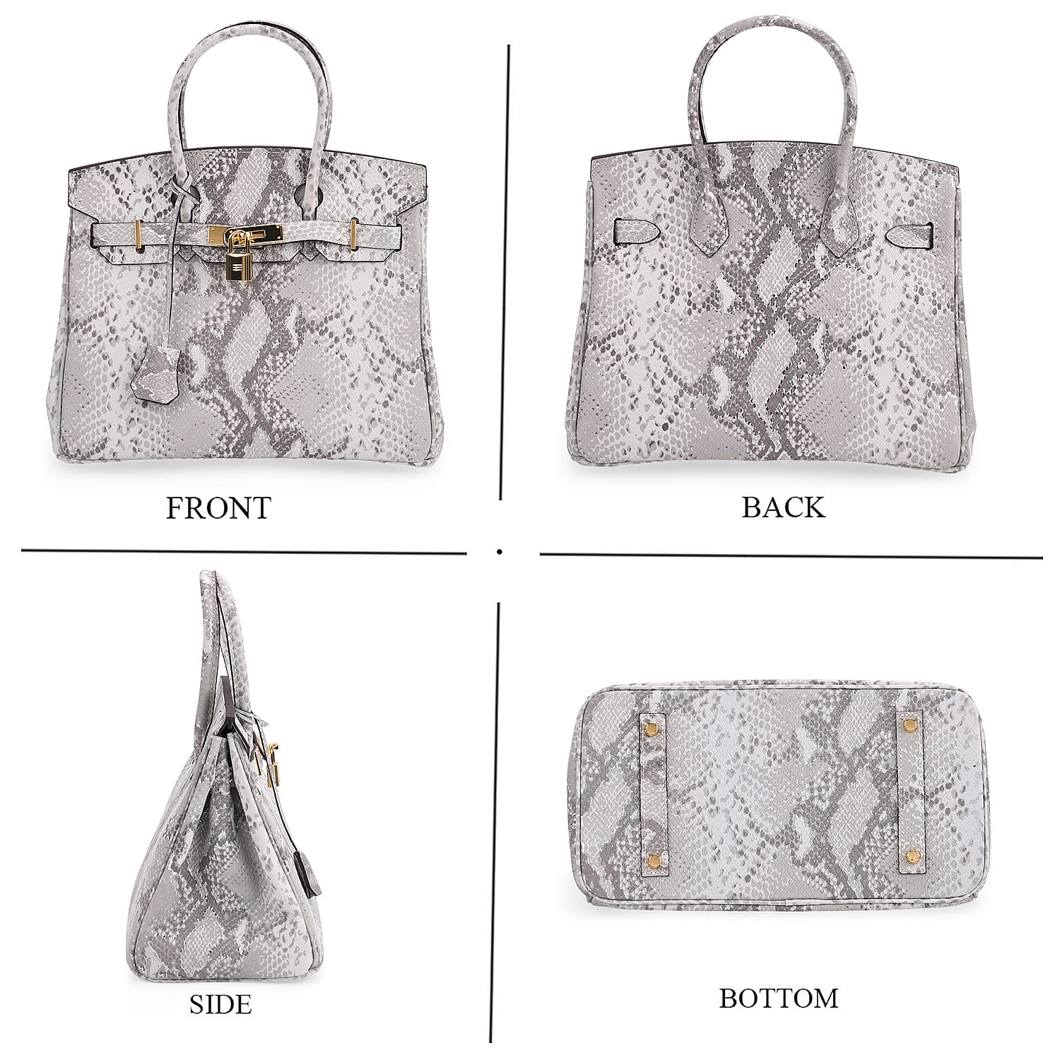 Genuine Leather Snakeskin Pattern Crossbody Bag with Top Handle - Grey & White