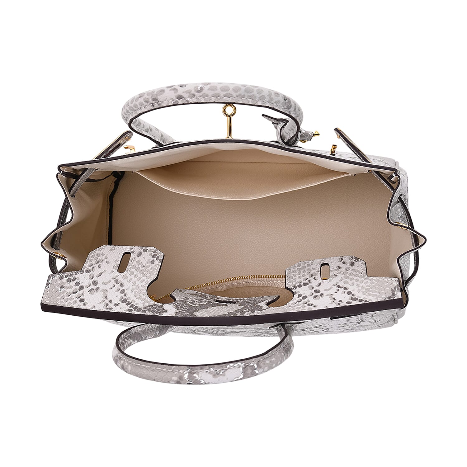 Genuine Leather Snakeskin Pattern Crossbody Bag with Top Handle - Grey & White