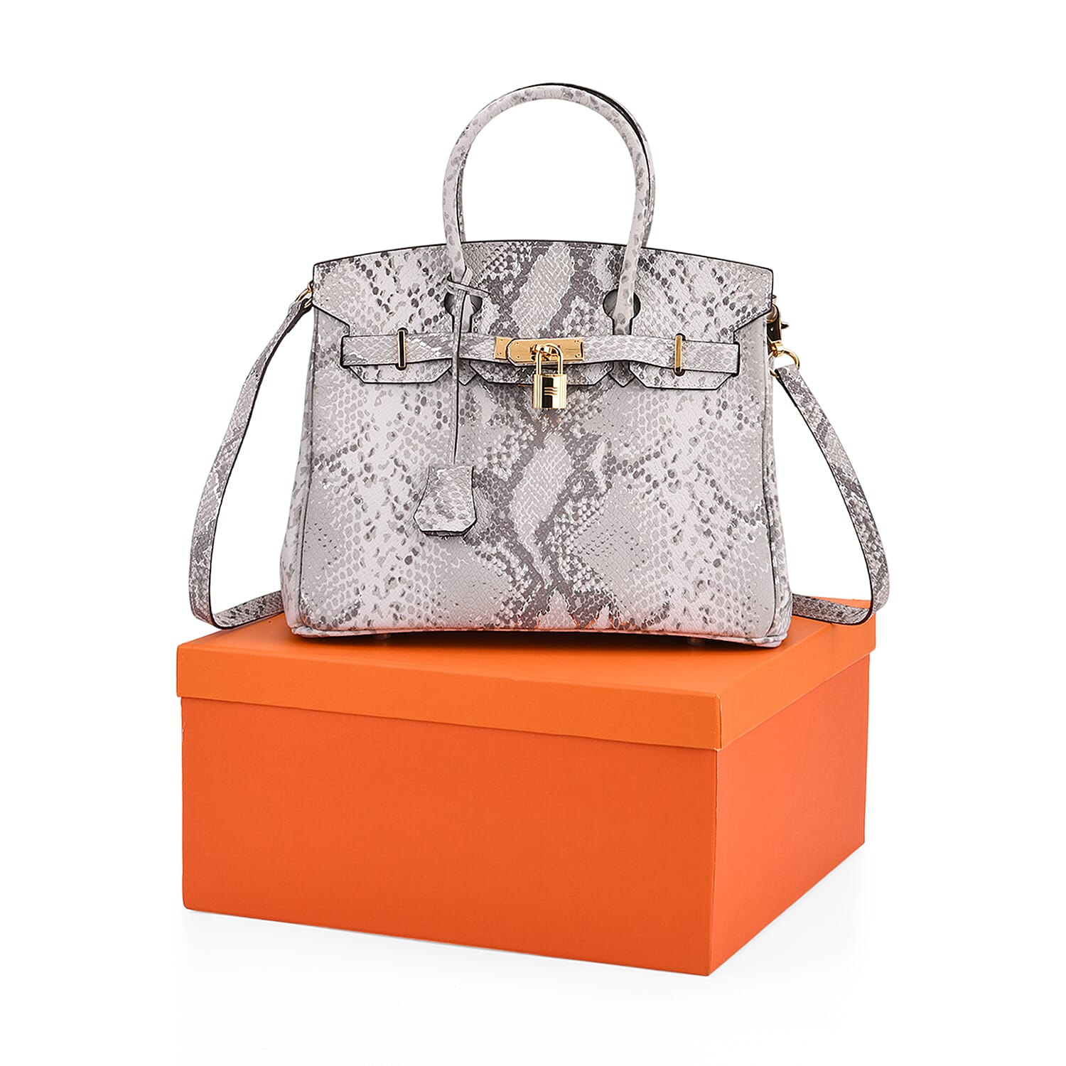 Genuine Leather Snakeskin Pattern Crossbody Bag with Top Handle - Grey & White