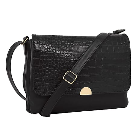 Leatherette Snake Skin Pattern Crossbody Bag - Black