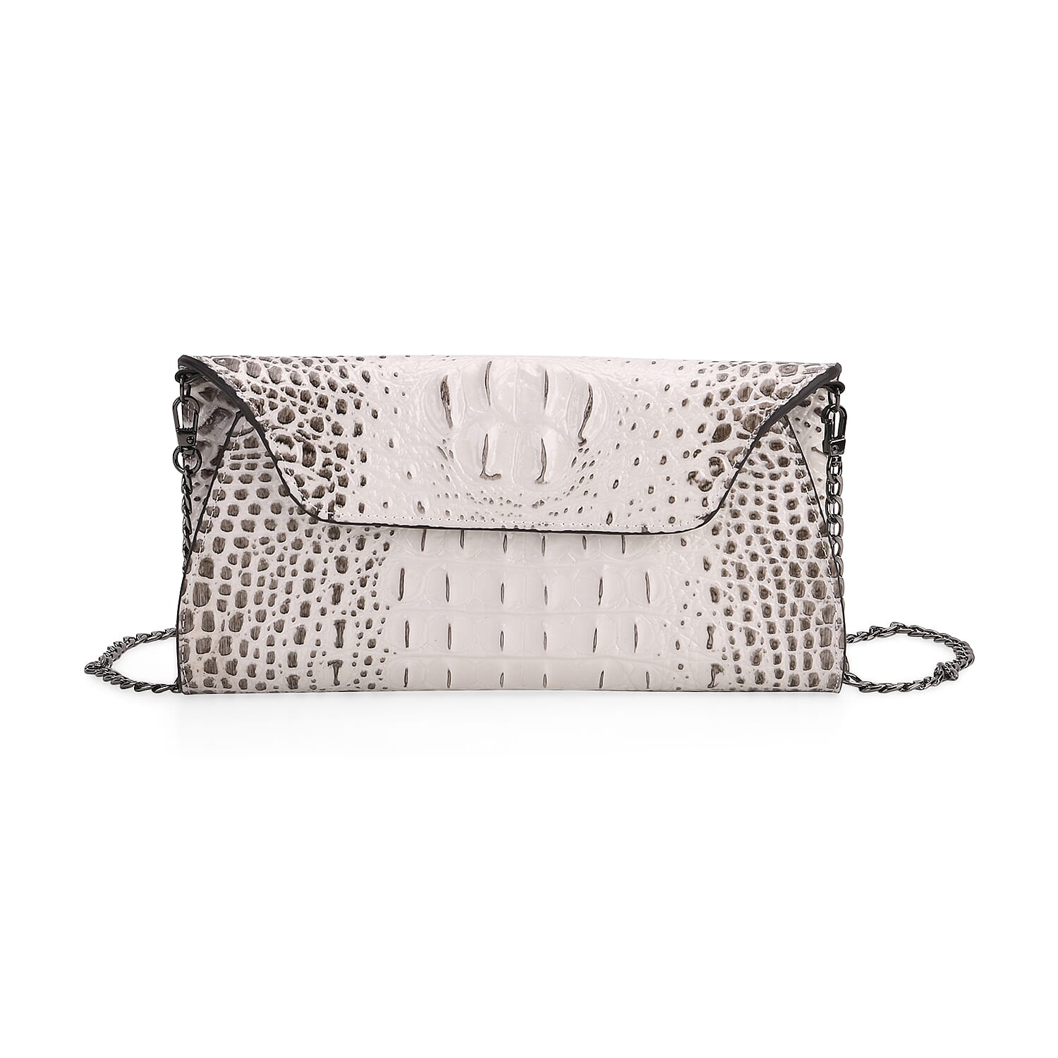 Designer Inspired - Embossed Genuine Leather Shoulder Bag with Long Chain - White & Beige