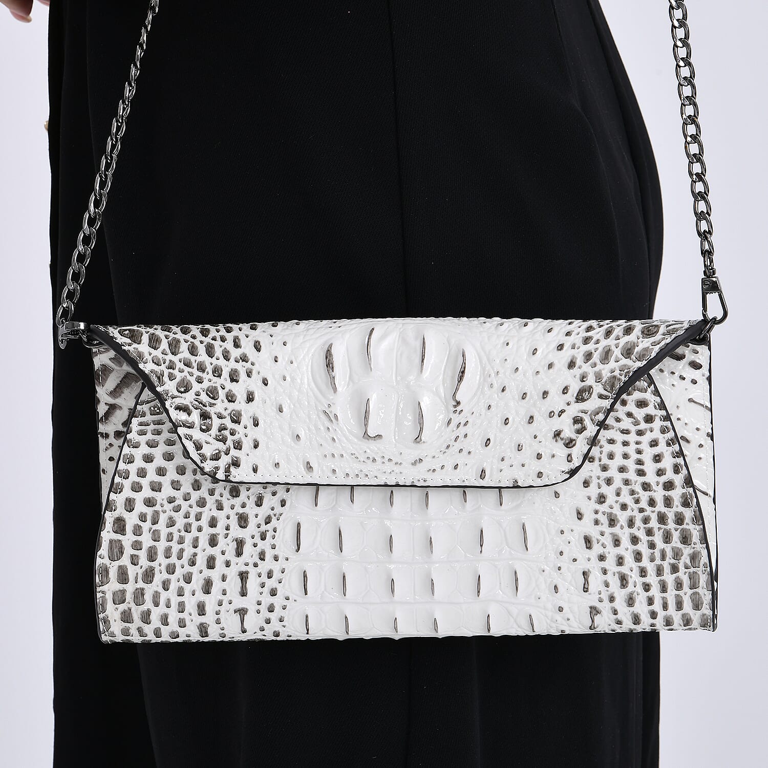 Designer Inspired - Embossed Genuine Leather Shoulder Bag with Long Chain - White & Beige