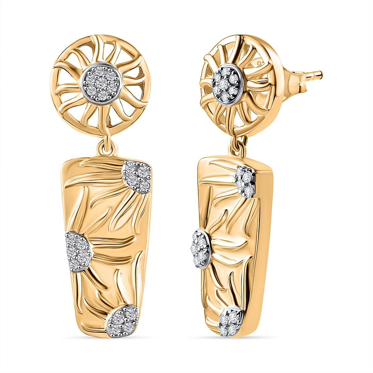 GP Celestial Collection - White Zircon & Blue Sapphire Dangling Push Back Earrings in 18K Vermeil Yellow Gold Plated Sterling Silver 1.24 Ct, Silver Wt. 6.42 Gms.