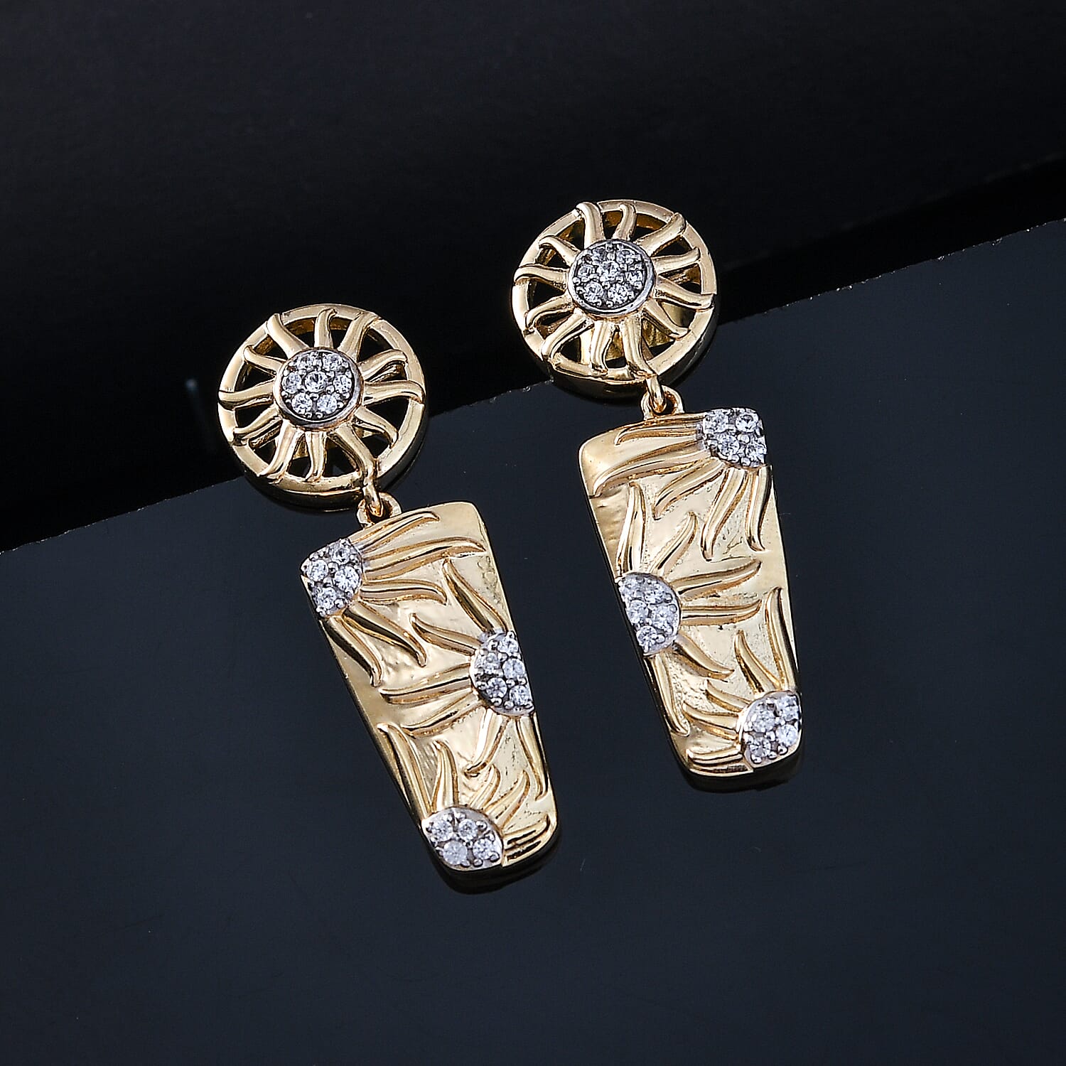 GP Celestial Collection - White Zircon & Blue Sapphire Dangling Push Back Earrings in 18K Vermeil Yellow Gold Plated Sterling Silver 1.24 Ct, Silver Wt. 6.42 Gms.