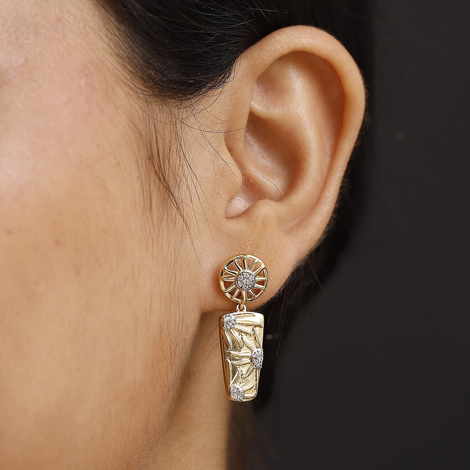 GP Celestial Collection - White Zircon & Blue Sapphire Dangling Push Back Earrings in 18K Vermeil Yellow Gold Plated Sterling Silver 1.24 Ct, Silver Wt. 6.42 Gms.