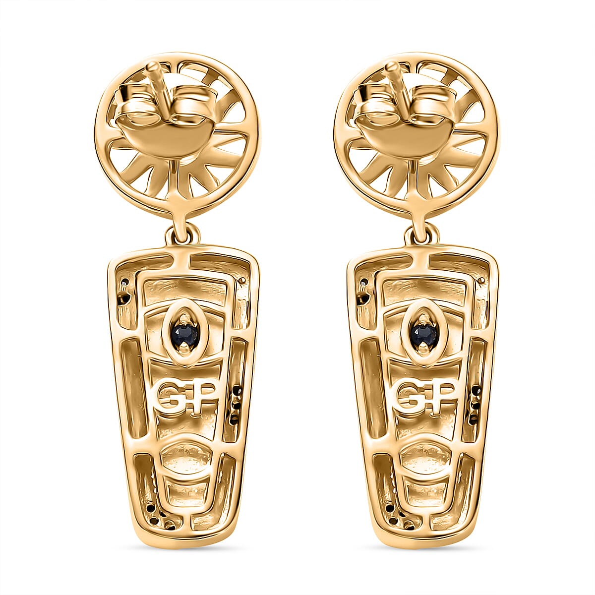 GP Celestial Collection - White Zircon & Blue Sapphire Dangling Push Back Earrings in 18K Vermeil Yellow Gold Plated Sterling Silver 1.24 Ct, Silver Wt. 6.42 Gms.