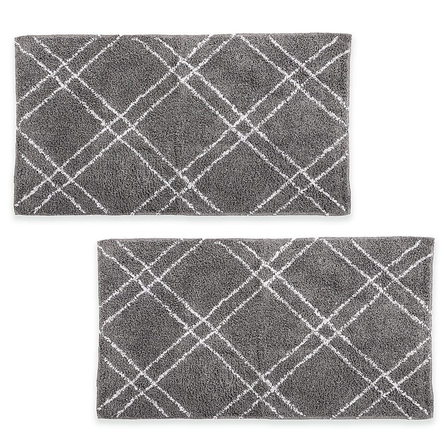 Pack of 2 - Cotton Patterned Mats (Size 45x84 cm) - Grey