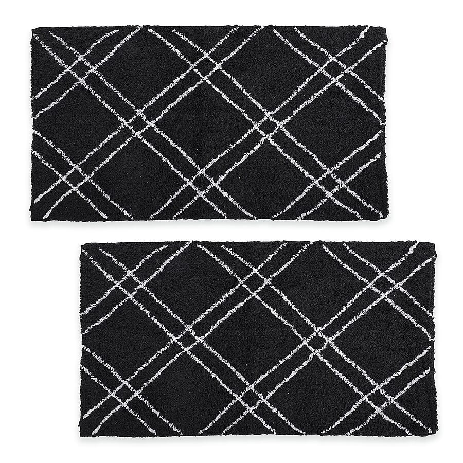 Pack of 2 - Cotton Patterned Mats (Size 45x84 cm) - Black