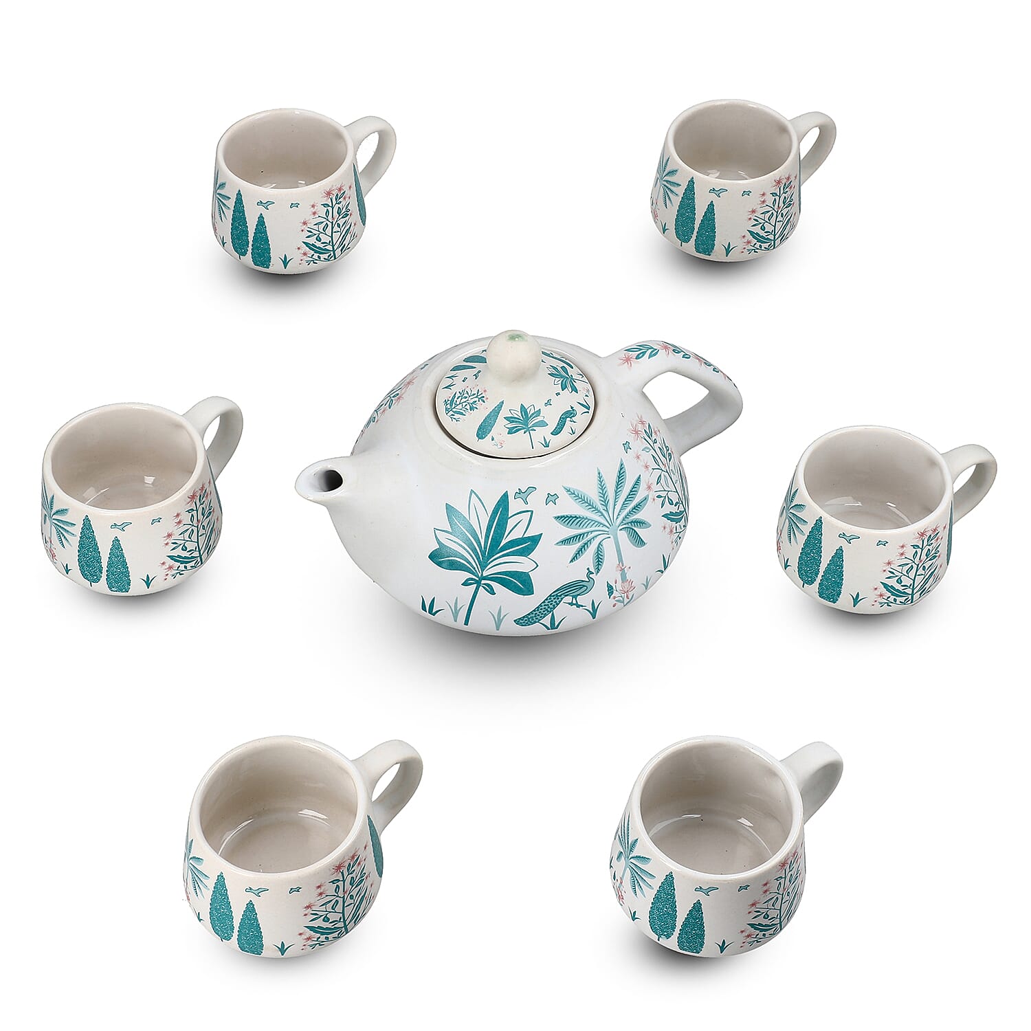 7-Piece Hand-Painted Ceramic Set - 1 Tea-Coffee Pot & 6 Cups in Display Box - Green