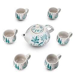 7-Piece Hand-Painted Ceramic Set - 1 Tea-Coffee Pot & 6 Cups in Display Box - Green