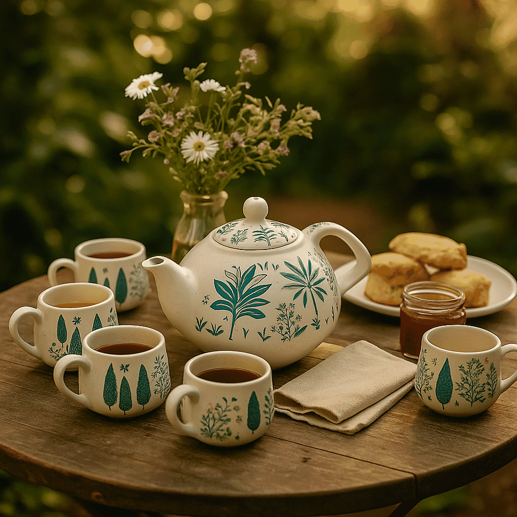 7-Piece Hand-Painted Ceramic Set - 1 Tea/Coffee Pot and 6 Cups in Display Box