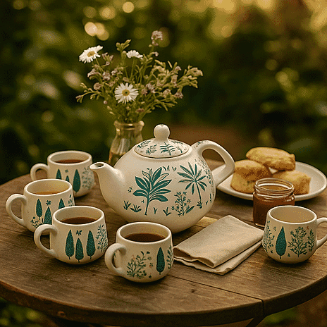 7-Piece Hand-Painted Ceramic Set - 1 Tea-Coffee Pot & 6 Cups in Display Box - Green