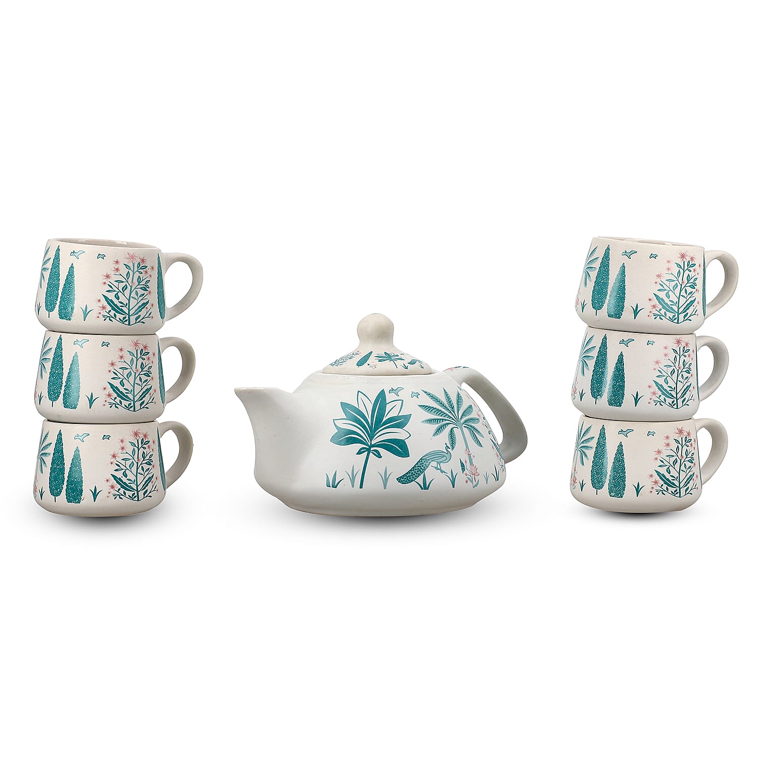 7-Piece Hand-Painted Ceramic Set - 1 Tea-Coffee Pot & 6 Cups in Display Box - Green