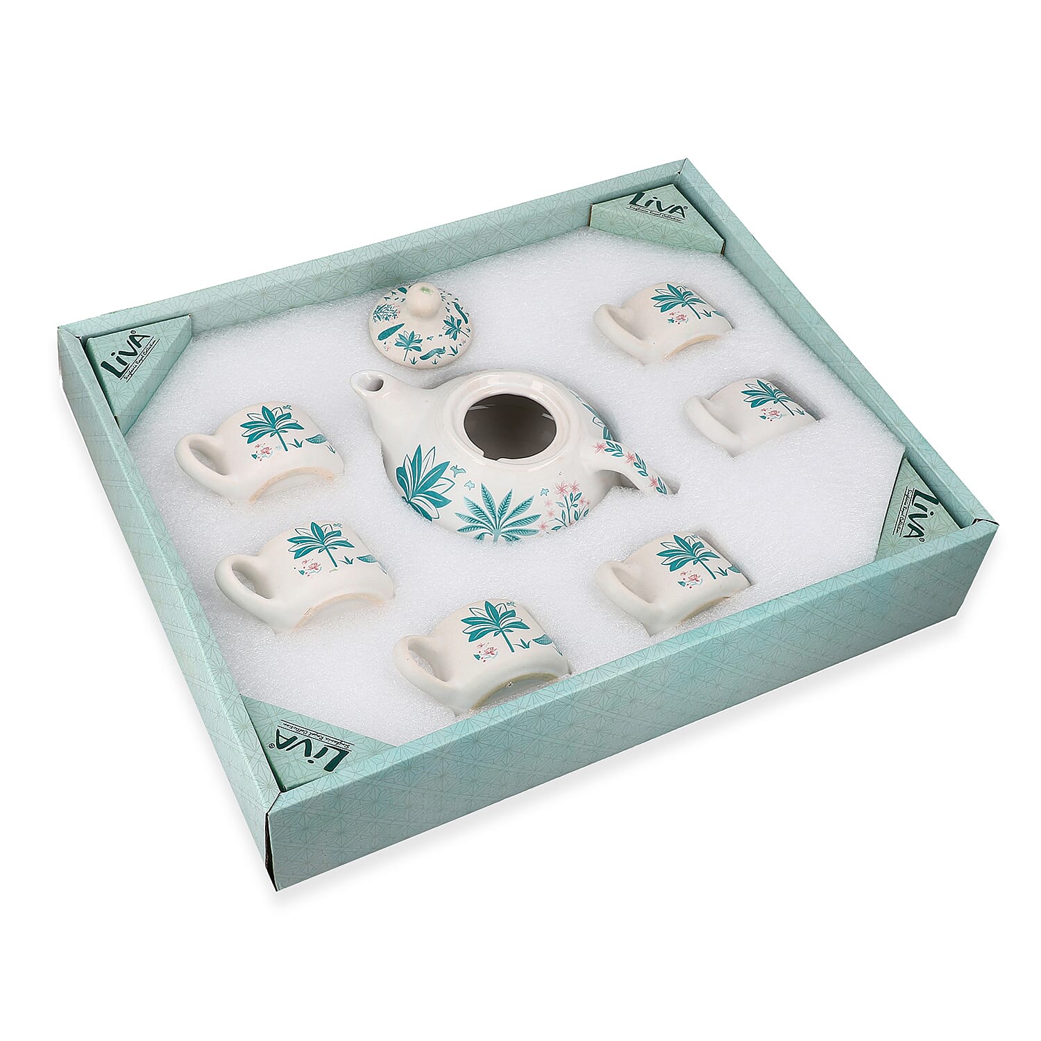 7-Piece Hand-Painted Ceramic Set - 1 Tea-Coffee Pot & 6 Cups in Display Box - Green