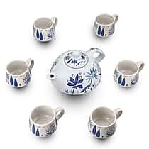 7-Piece Hand-Painted Ceramic Set - 1 Tea-Coffee Pot & 6 Cups in Display Box - Blue