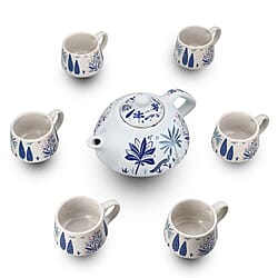7-Piece Hand-Painted Ceramic Set - 1 Tea-Coffee Pot & 6 Cups in Display Box - Green