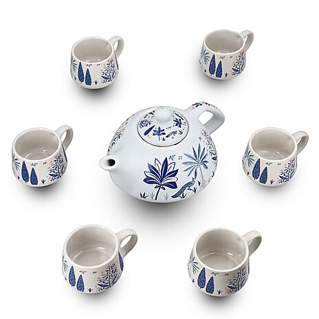 7-Piece Hand-Painted Ceramic Set - 1 Tea-Coffee Pot & 6 Cups in Display Box - Blue