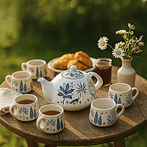 7-Piece Hand-Painted Ceramic Set - 1 Tea-Coffee Pot & 6 Cups in Display Box - Blue