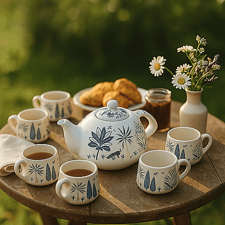 7-Piece Hand-Painted Ceramic Set - 1 Tea-Coffee Pot & 6 Cups in Display Box - Blue