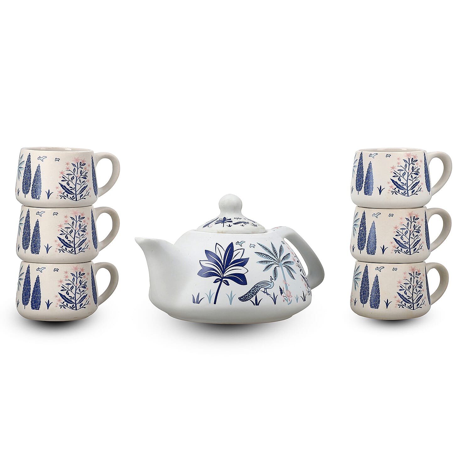 7-Piece Hand-Painted Ceramic Set - 1 Tea-Coffee Pot & 6 Cups in Display Box - Blue