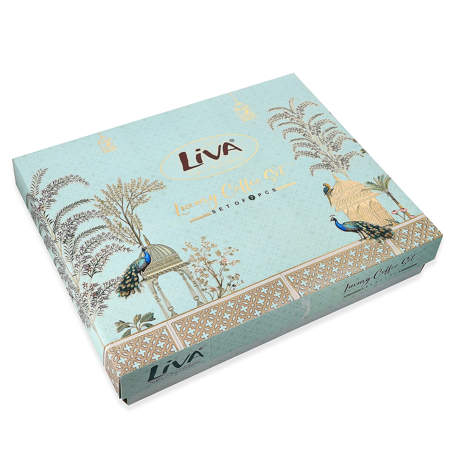 7-Piece Hand-Painted Ceramic Set - 1 Tea-Coffee Pot & 6 Cups in Display Box - Blue