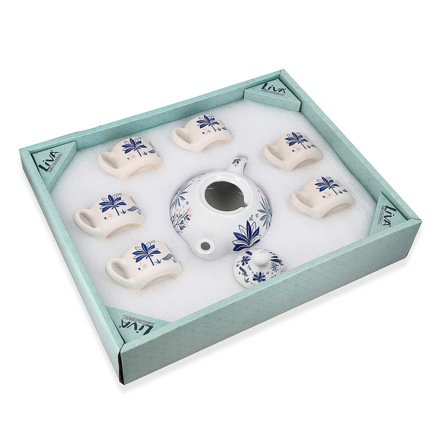 7-Piece Hand-Painted Ceramic Set - 1 Tea-Coffee Pot & 6 Cups in Display Box - Blue