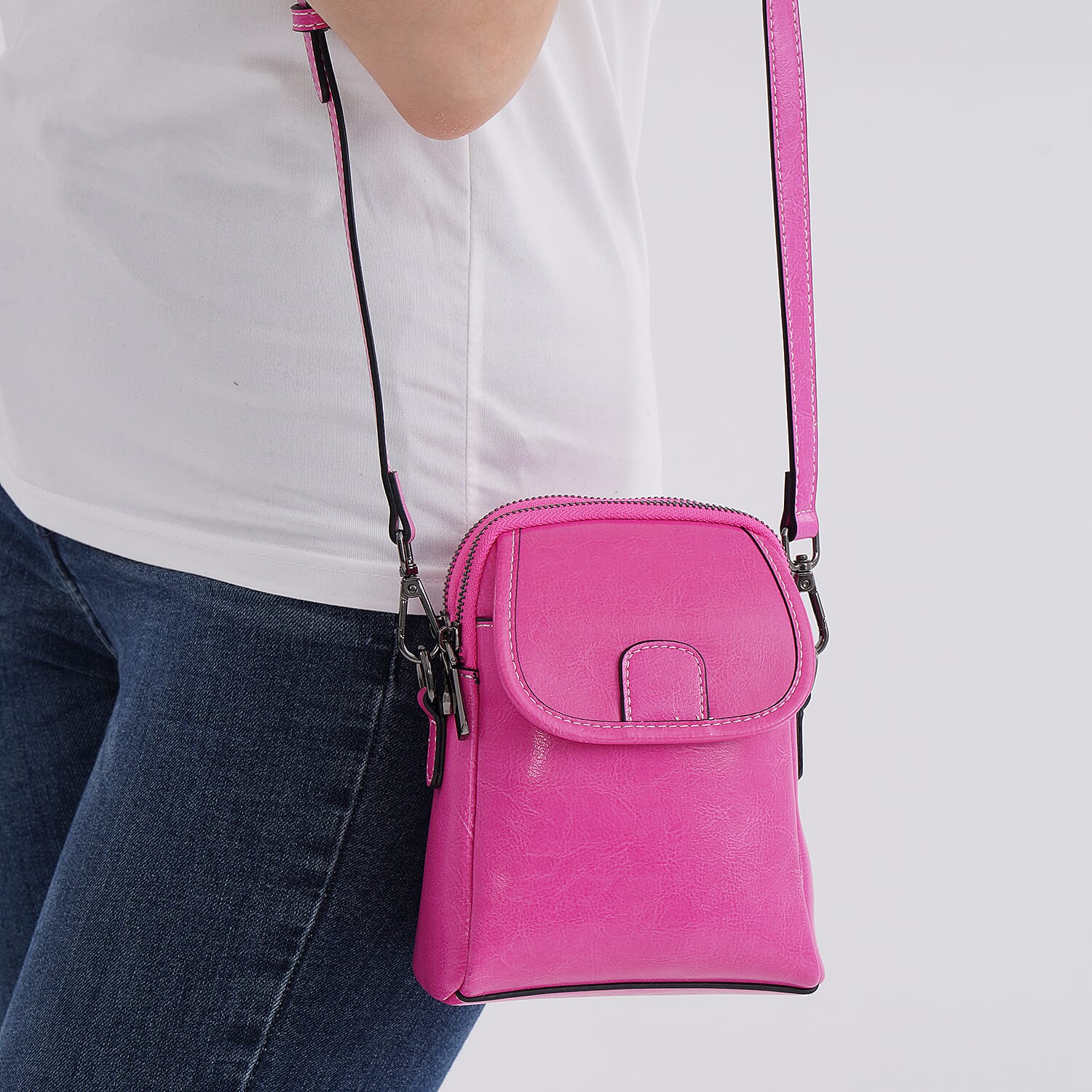 Genuine Leather Mini Messenger Crossbody Bag With Adjustable Strap - Rose Pink