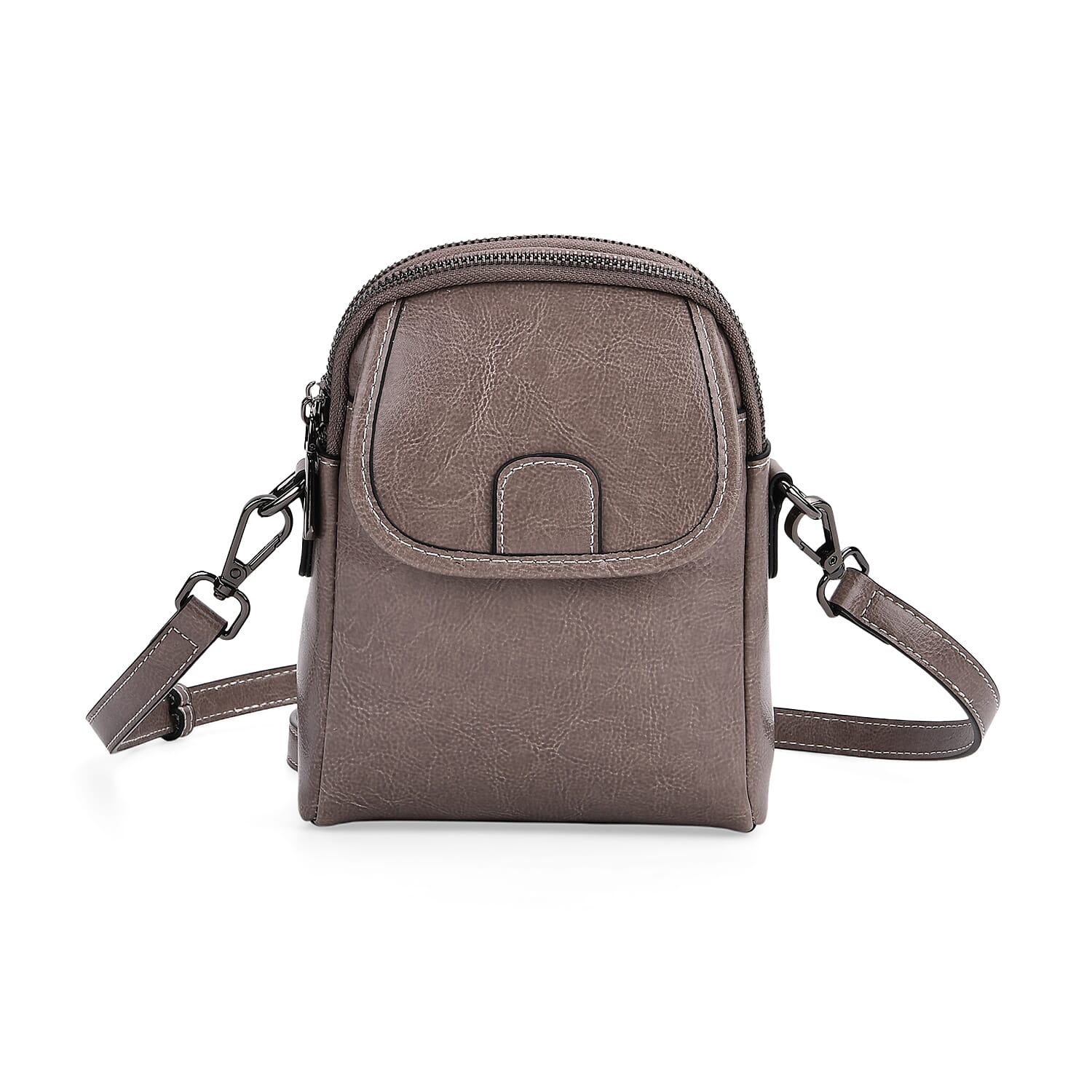 Genuine Leather Mini Messenger Crossbody Bag With Adjustable Strap - Silver Grey