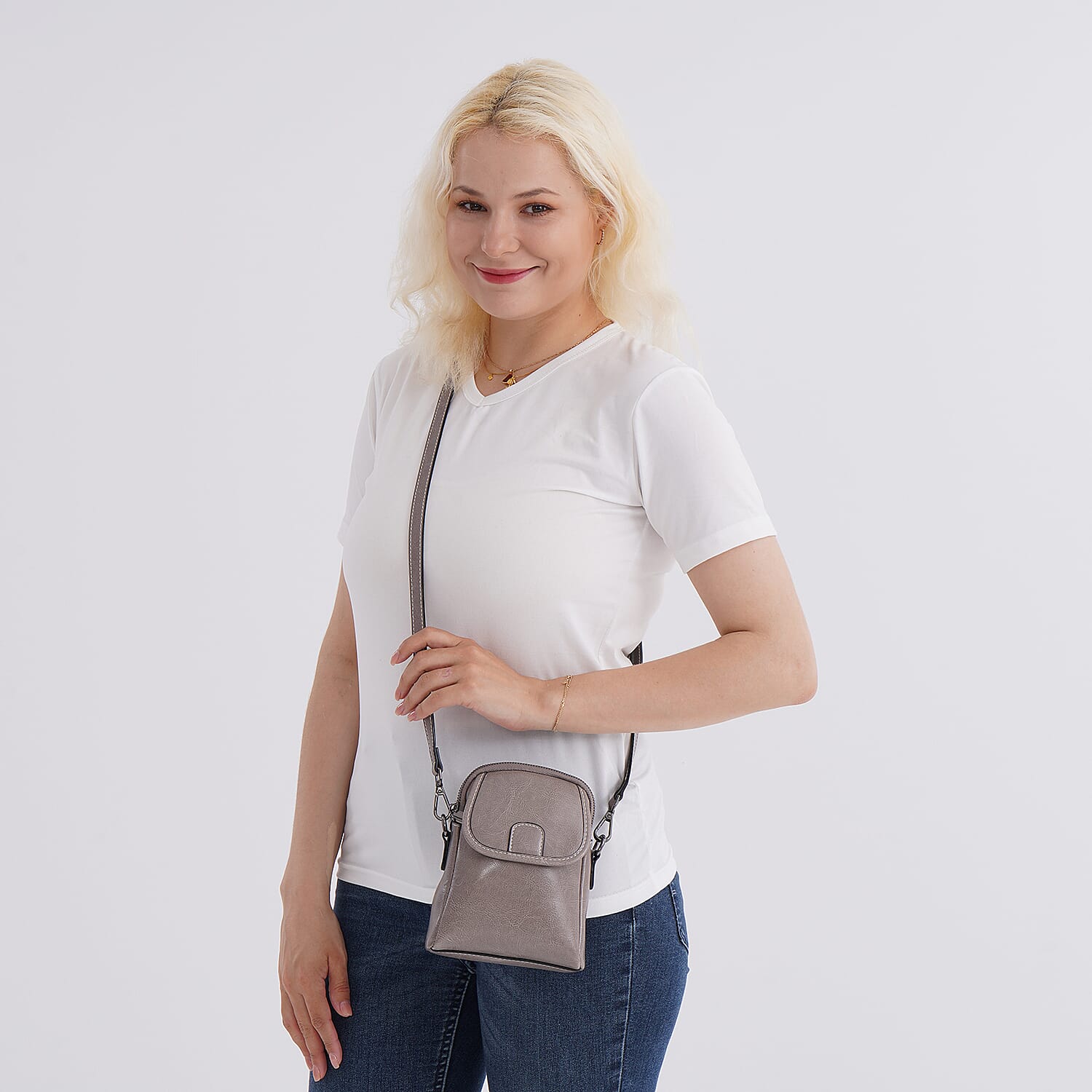 Genuine Leather Mini Messenger Crossbody Bag With Adjustable Strap - Silver Grey
