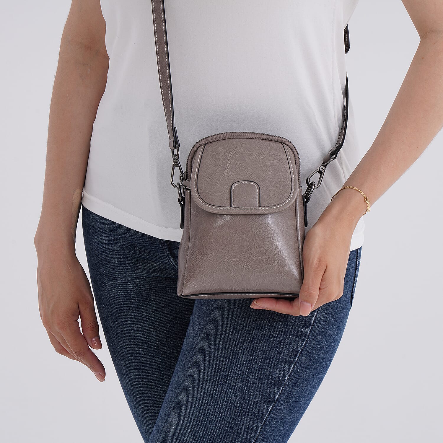 Genuine Leather Mini Messenger Crossbody Bag With Adjustable Strap - Silver Grey