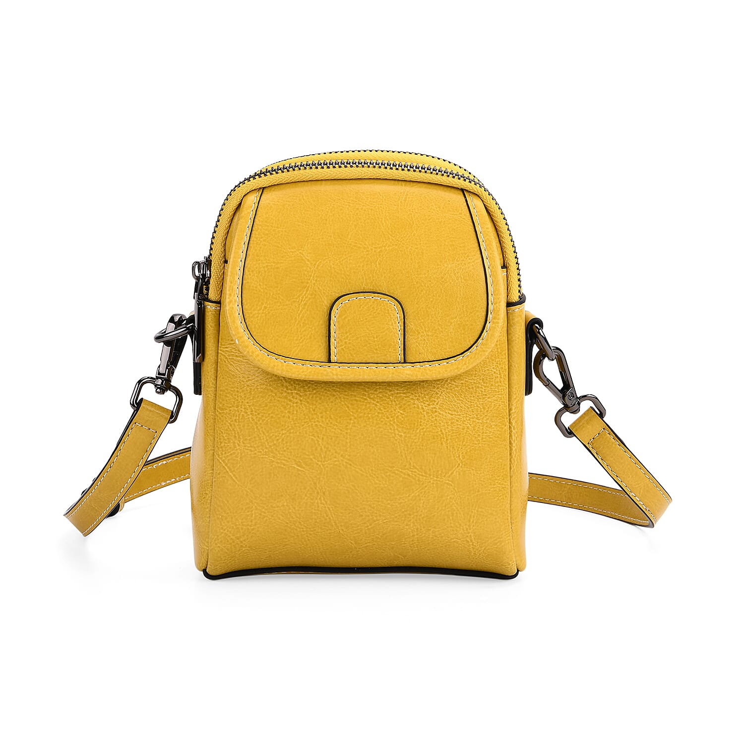 Genuine Leather Mini Messenger Crossbody Bag With Adjustable Strap - Yellow