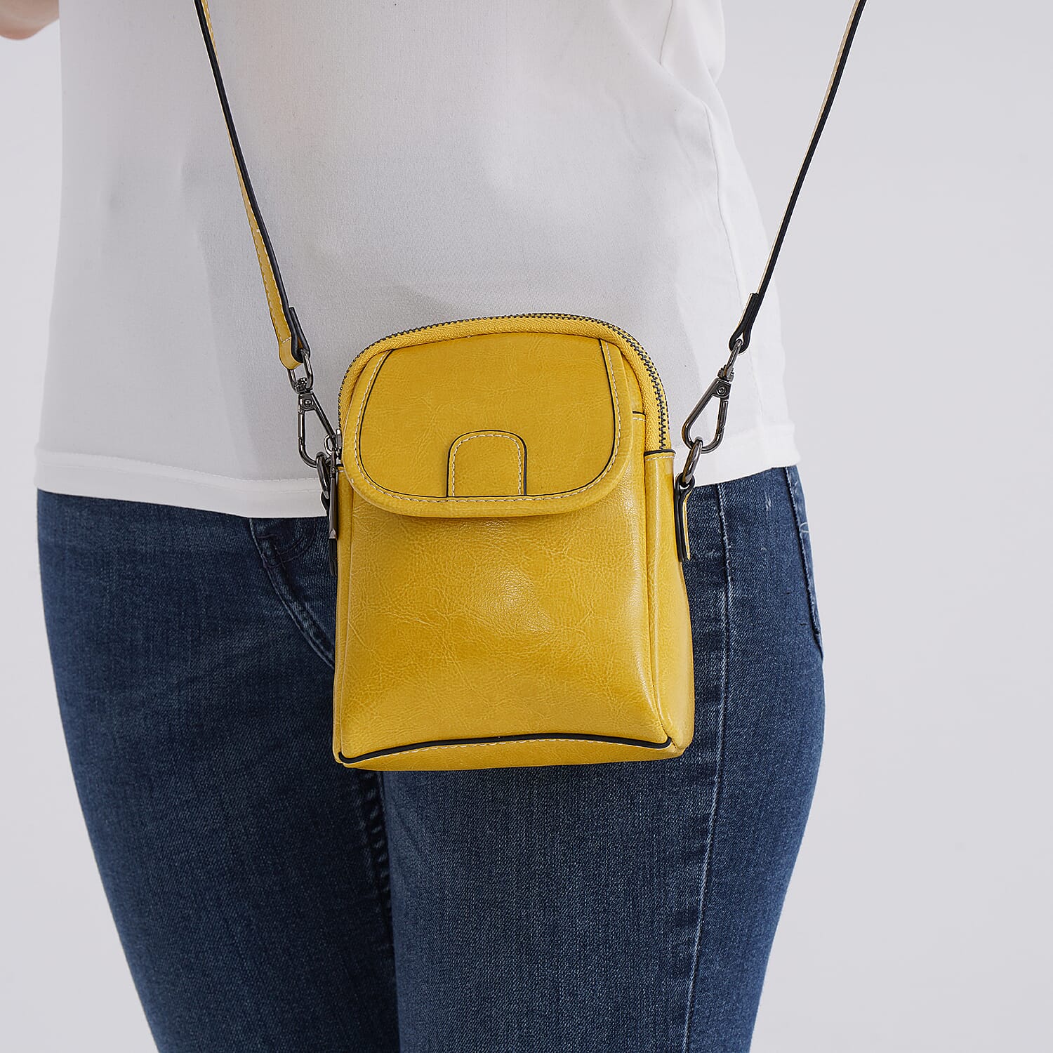 Genuine Leather Mini Messenger Crossbody Bag With Adjustable Strap - Yellow