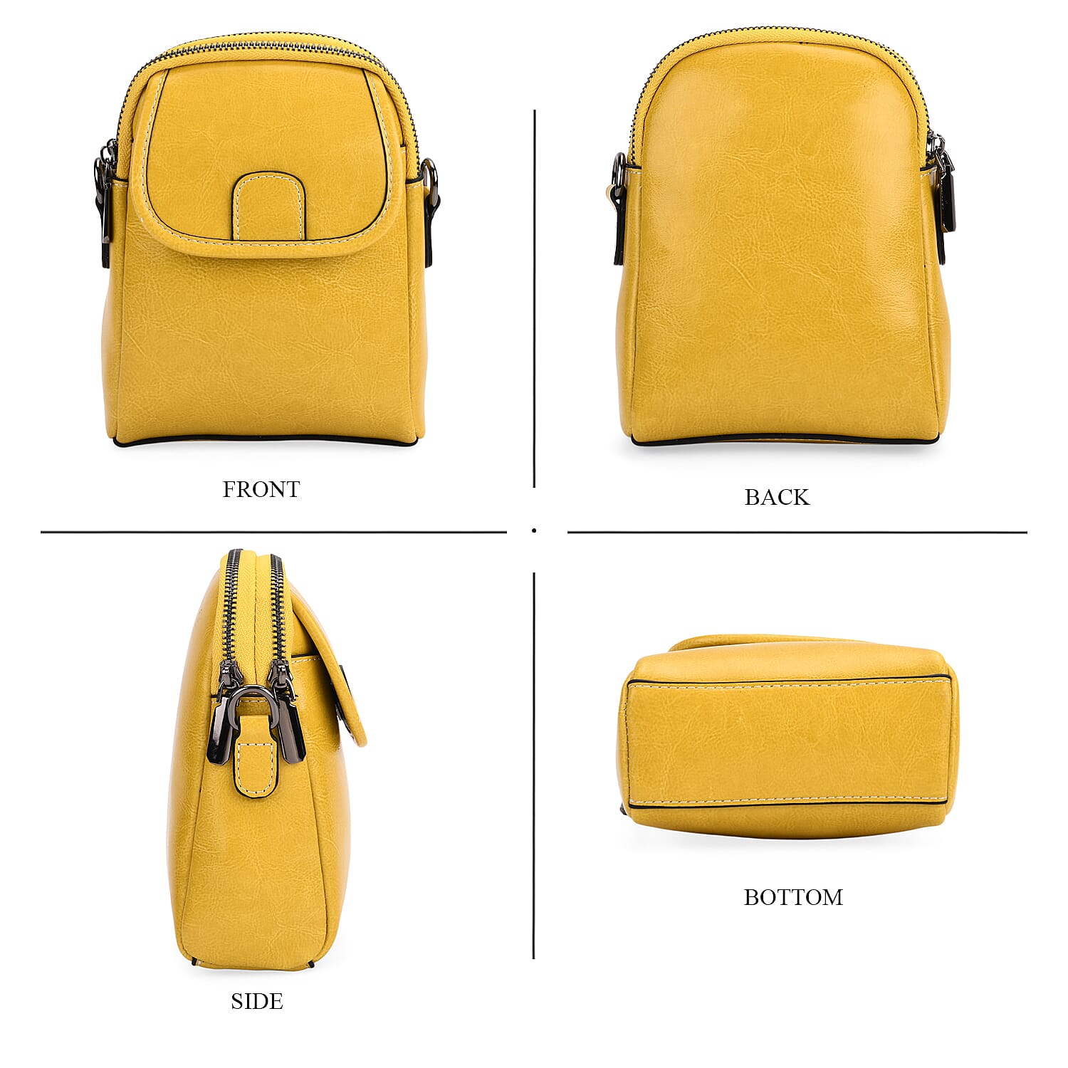 Genuine Leather Mini Messenger Crossbody Bag With Adjustable Strap - Yellow