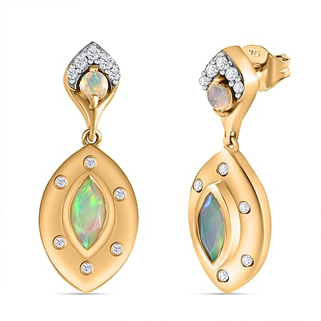 Ethiopian Faceted Opal & White Zircon Earring with Push Back in 18K Vermeil Yellow Gold Plated Sterling Silver 1.19 Ct.