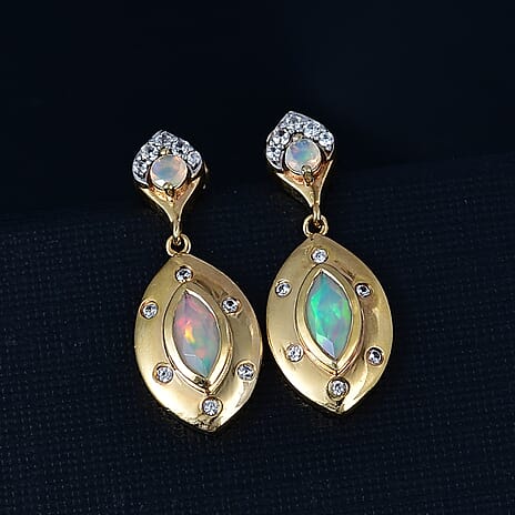 Ethiopian Faceted Opal & White Zircon Earring with Push Back in 18K Vermeil Yellow Gold Plated Sterling Silver 1.19 Ct.