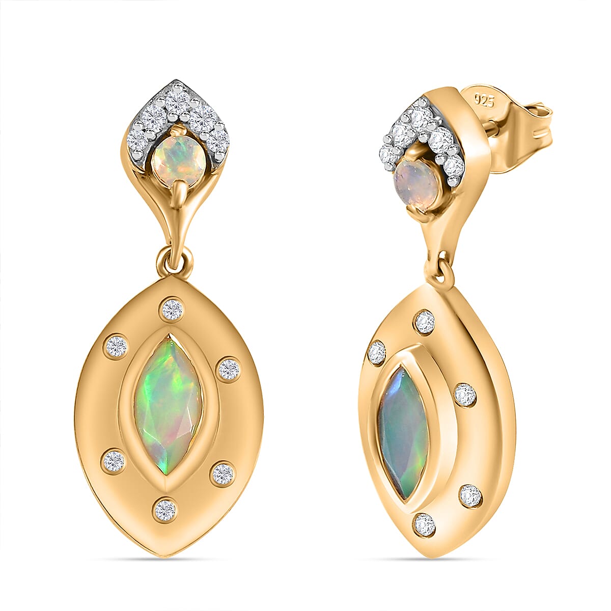 Ethiopian Faceted Opal & White Zircon Earring with Push Back in 18K Vermeil Yellow Gold Plated Sterling Silver 1.19 Ct. Ethiopian Faceted Opal & White Zircon Earring with Push Back in 18K Vermeil Yellow Gold Plated Sterling Silver 1.19 Ct.