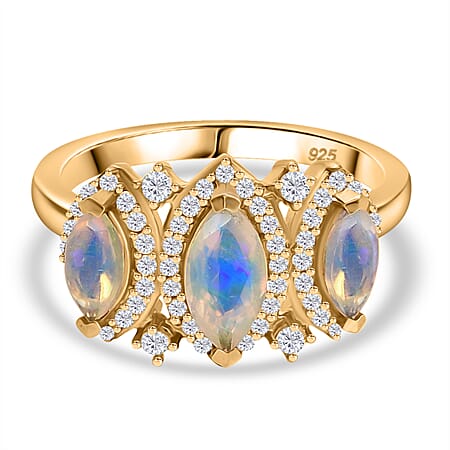Ethiopian Faceted Opal & White Zircon Ring in 18K Vermeil Yellow Gold Plated Sterling Silver 1.20 Ct. Ethiopian Faceted Opal & White Zircon Ring in 18K Vermeil Yellow Gold Plated Sterling Silver 1.20 Ct.
