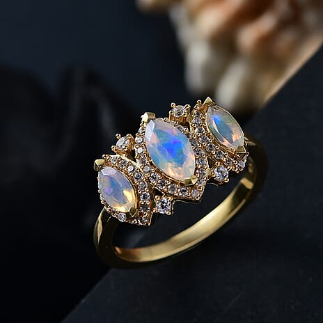 Ethiopian Faceted Opal & White Zircon Ring in 18K Vermeil Yellow Gold Plated Sterling Silver 1.20 Ct.