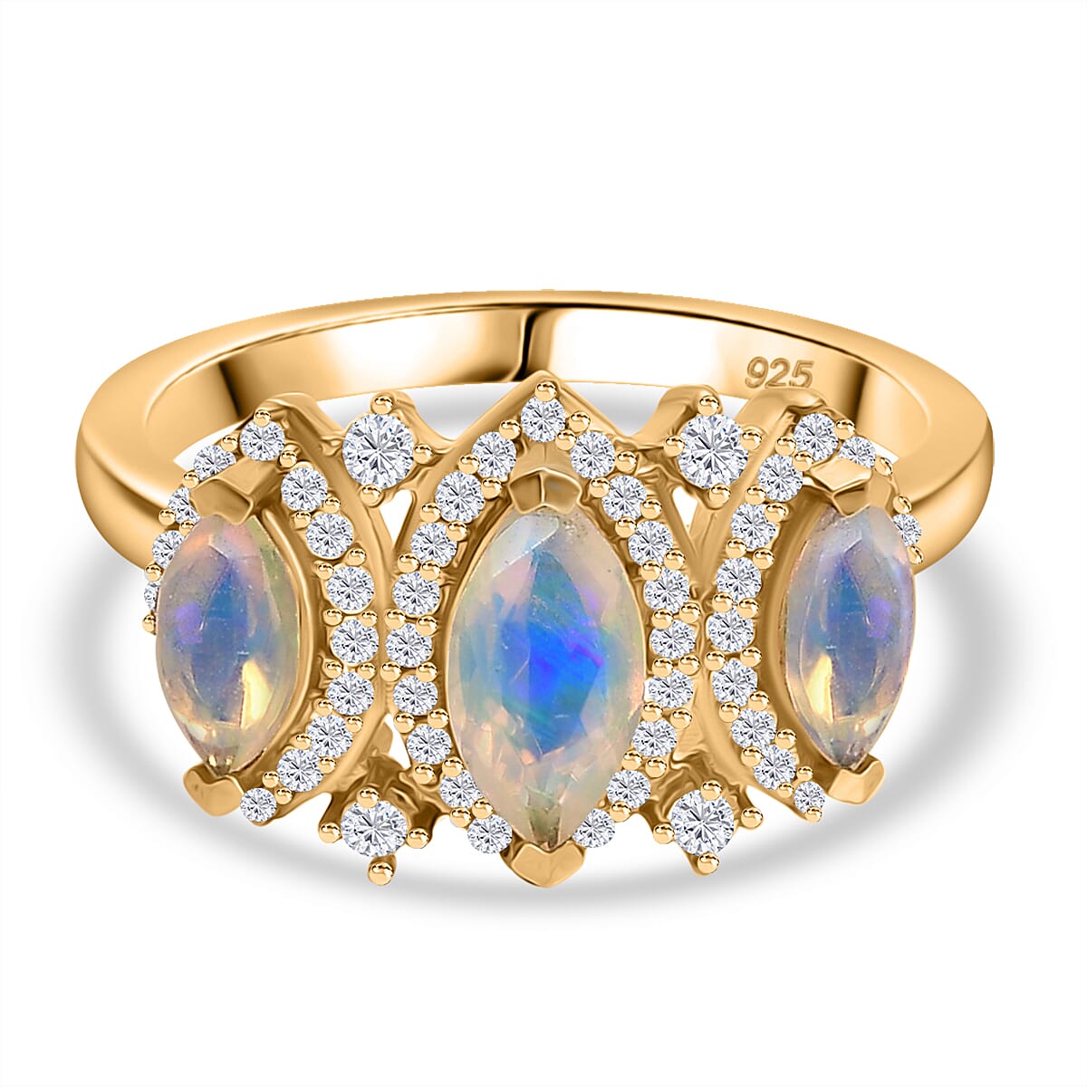 Ethiopian Faceted Opal & White Zircon Ring in 18K Vermeil Yellow Gold Plated Sterling Silver 1.20 Ct. Ethiopian Faceted Opal & White Zircon Ring in 18K Vermeil Yellow Gold Plated Sterling Silver 1.20 Ct.
