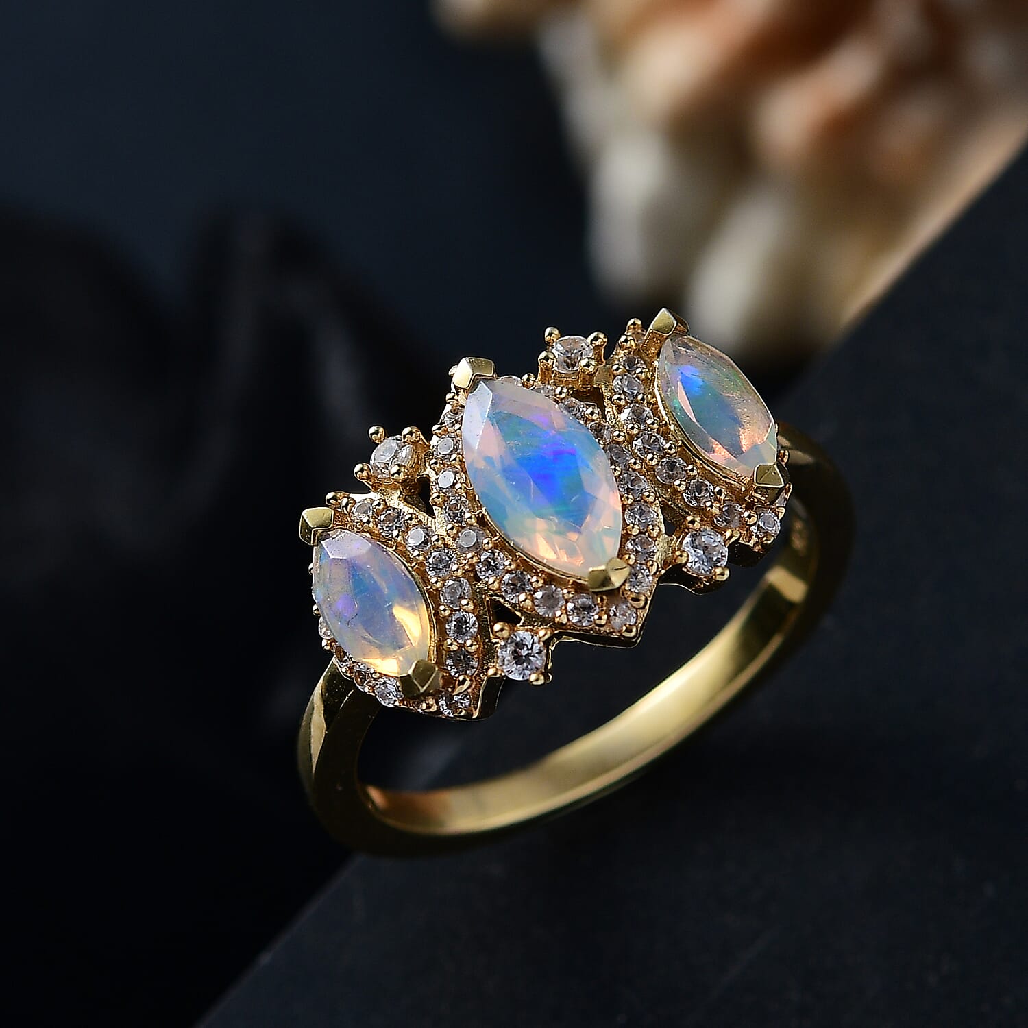 Ethiopian Faceted Opal & White Zircon Ring in 18K Vermeil Yellow Gold Plated Sterling Silver 1.20 Ct. Ethiopian Faceted Opal & White Zircon Ring in 18K Vermeil Yellow Gold Plated Sterling Silver 1.20 Ct.