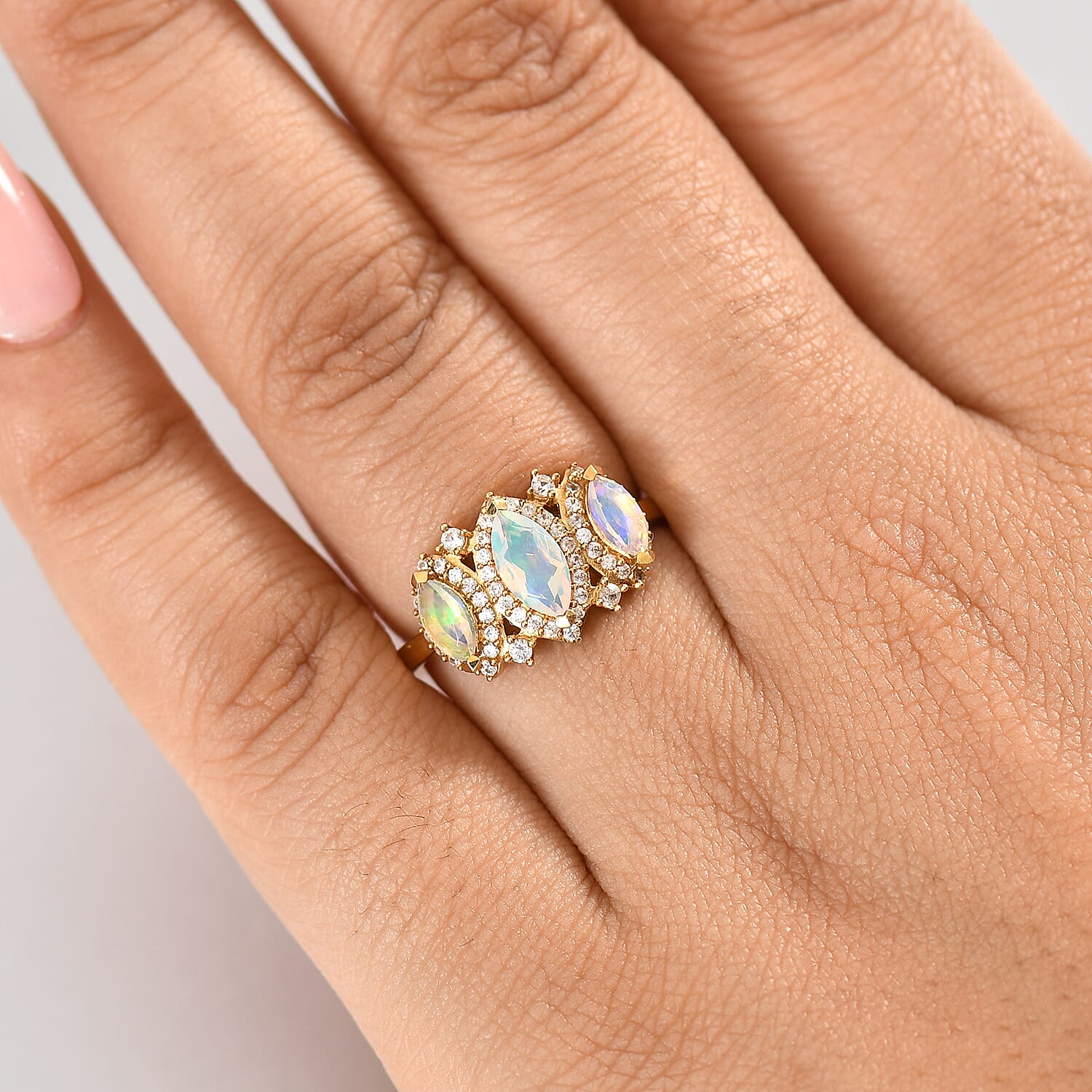 Ethiopian Faceted Opal & White Zircon Ring in 18K Vermeil Yellow Gold Plated Sterling Silver 1.20 Ct. Ethiopian Faceted Opal & White Zircon Ring in 18K Vermeil Yellow Gold Plated Sterling Silver 1.20 Ct.