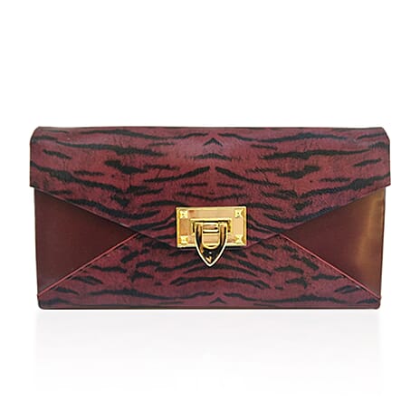 Leatherette Danique Zebra Printed Purse - Burgundy
