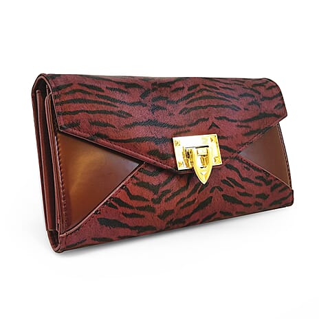 Leatherette Danique Zebra Printed Purse - Burgundy