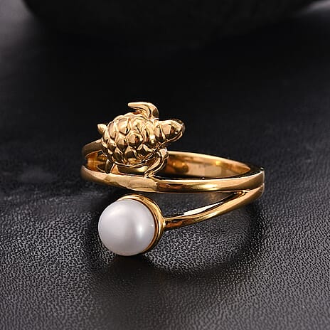 GP Turtle Collection - White Pearl & Blue Sapphire Ring in 18K Vermeil Yellow Gold Plated Sterling Silver