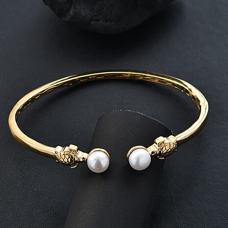 GP Sea Life Collection - White Pearl & Blue Sapphire Bangle (Size 7.5) in 18K Vermeil Yellow Gold Plated Sterling Silver 6.02 Ct, Silver Wt. 15.68 Gms.